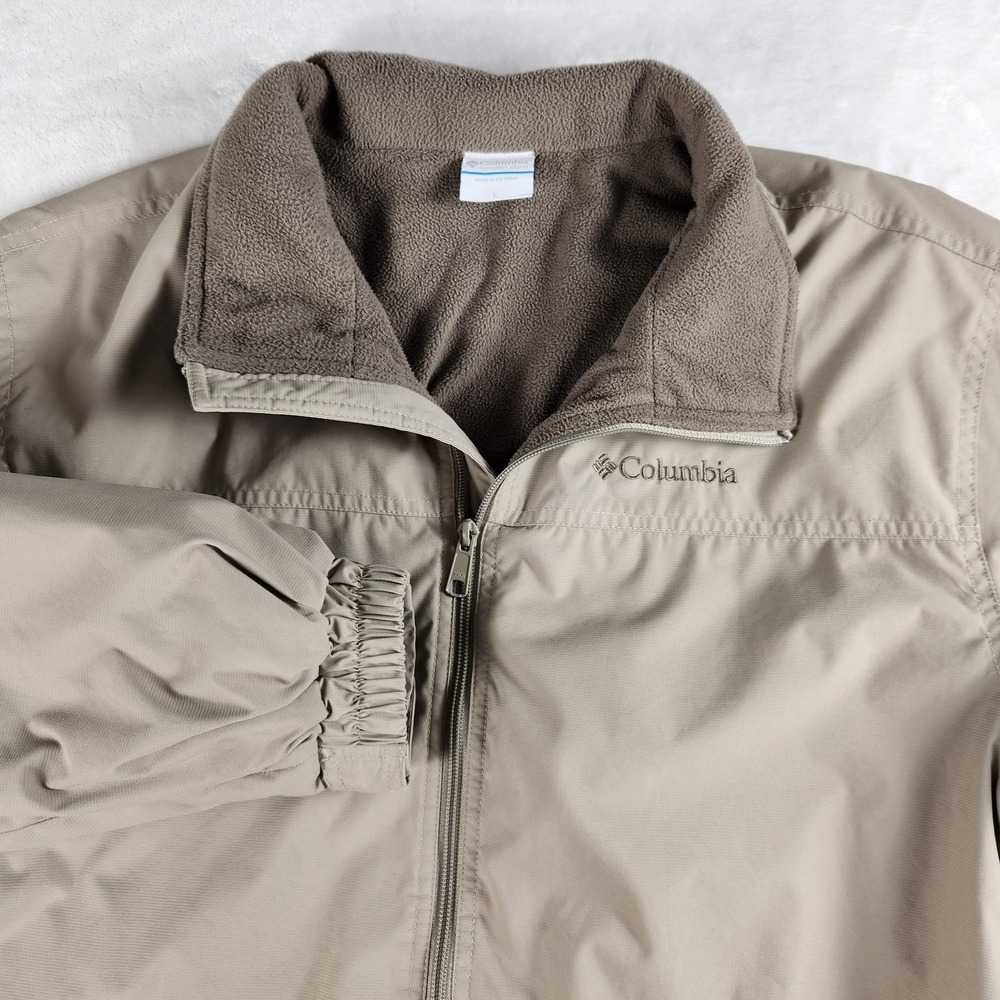 Columbia Jacket Mens Large Beige Fleece Lined Full Zip Nylon Hiking Windbreaker
